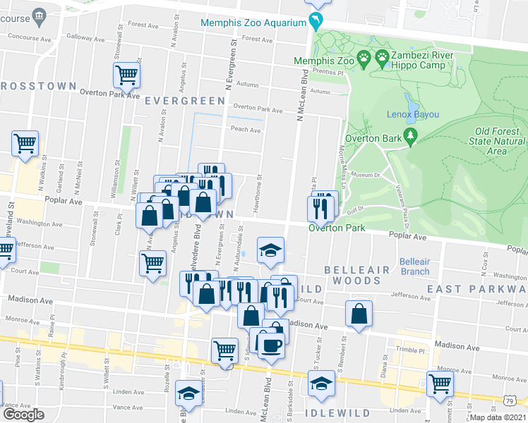 map of restaurants, bars, coffee shops, grocery stores, and more near 1806 Poplar Avenue in Memphis