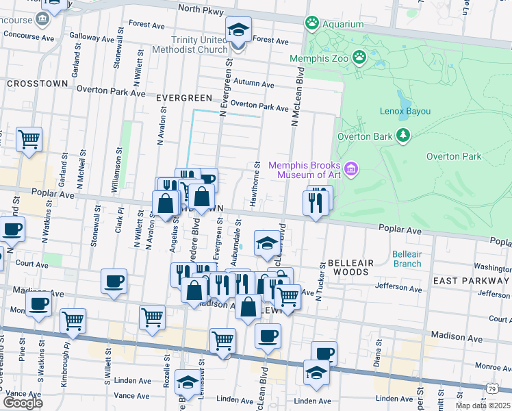 map of restaurants, bars, coffee shops, grocery stores, and more near 1806 Poplar Avenue in Memphis