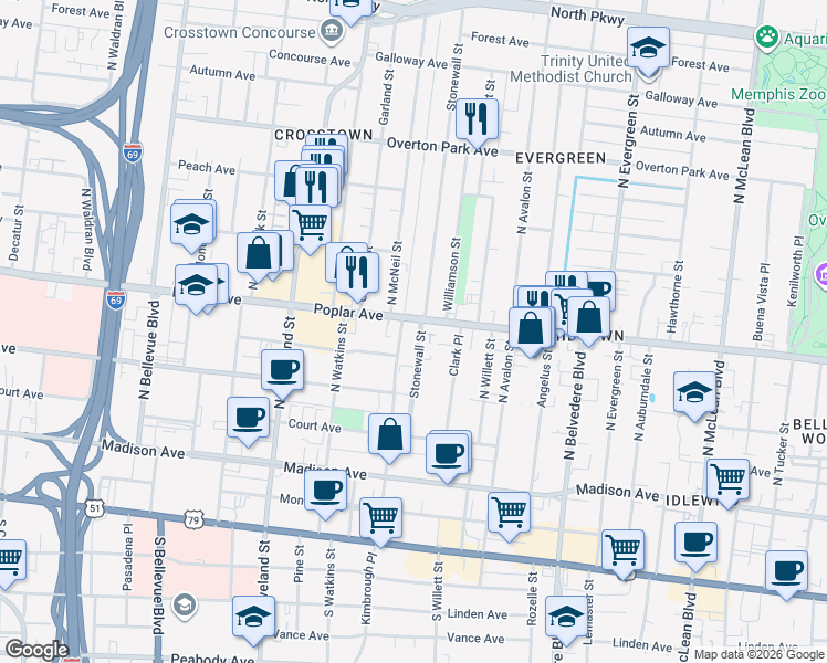 map of restaurants, bars, coffee shops, grocery stores, and more near in Memphis
