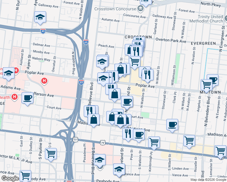map of restaurants, bars, coffee shops, grocery stores, and more near 1271 Poplar Avenue in Memphis