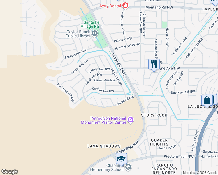 map of restaurants, bars, coffee shops, grocery stores, and more near 6601 Flynn Avenue Northwest in Albuquerque