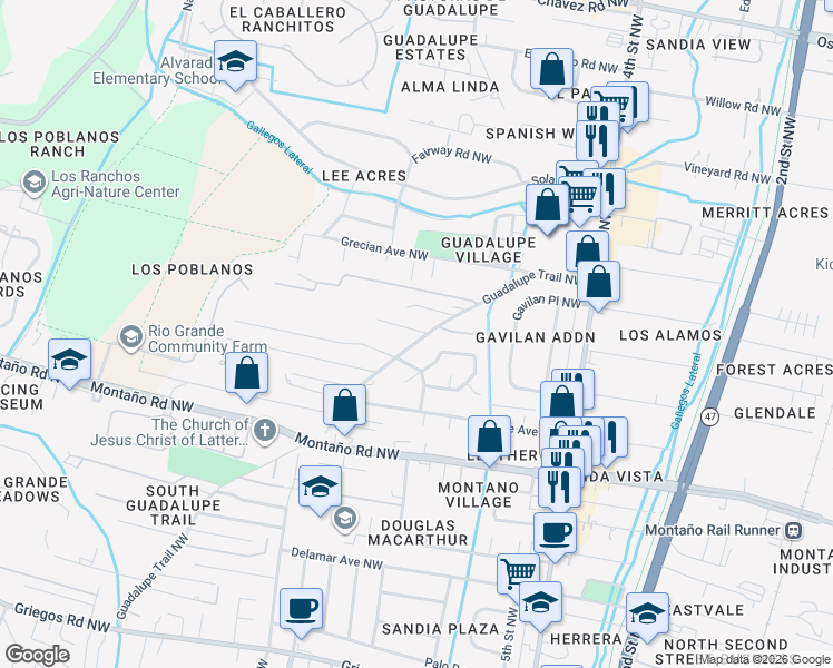 map of restaurants, bars, coffee shops, grocery stores, and more near 5885 Guadalupe Trail Northwest in Albuquerque