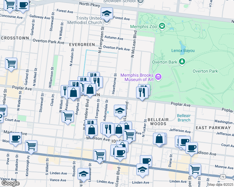 map of restaurants, bars, coffee shops, grocery stores, and more near 1796 Poplar Avenue in Memphis