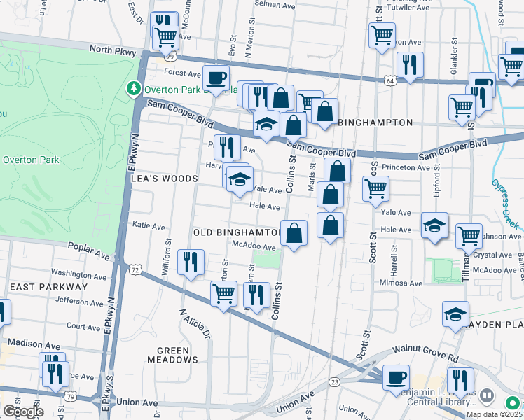 map of restaurants, bars, coffee shops, grocery stores, and more near 2579 Hale Avenue in Memphis