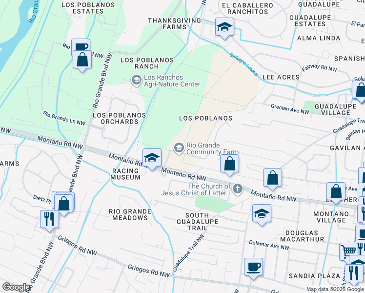map of restaurants, bars, coffee shops, grocery stores, and more near Los Poblanos Field Trails in Albuquerque