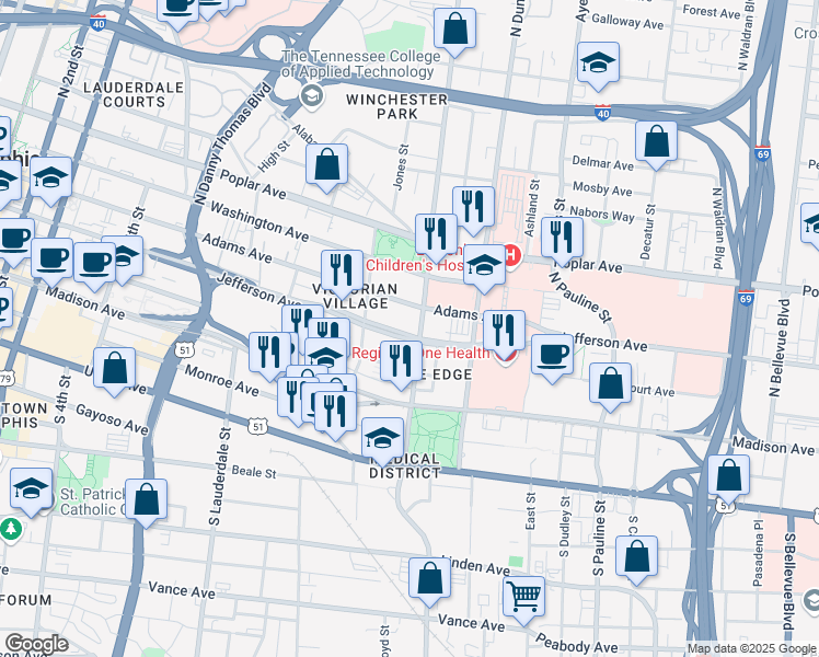 map of restaurants, bars, coffee shops, grocery stores, and more near 756 Jefferson Avenue in Memphis