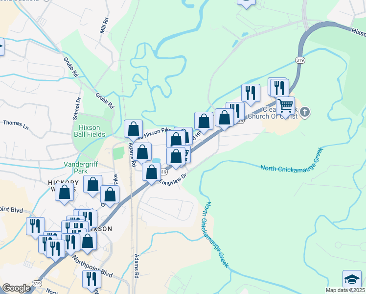 map of restaurants, bars, coffee shops, grocery stores, and more near 5108 Skillern Drive in Chattanooga