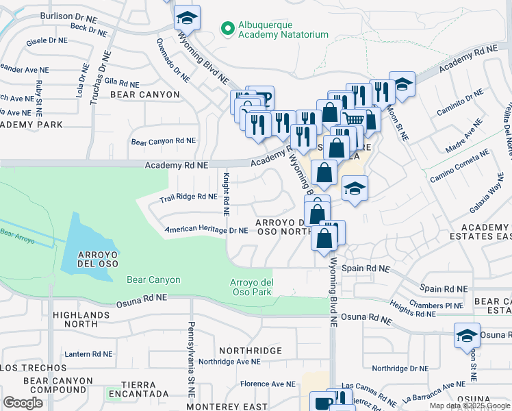 map of restaurants, bars, coffee shops, grocery stores, and more near 7905 Charger Trail Northeast in Albuquerque