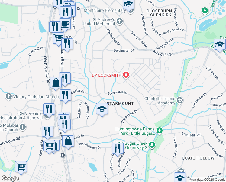 map of restaurants, bars, coffee shops, grocery stores, and more near 1729 Edgewater Dr in Charlotte