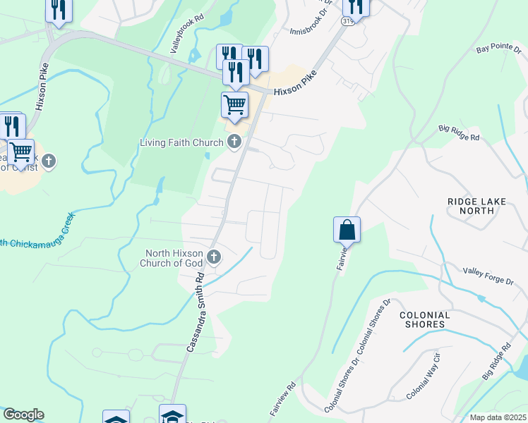 map of restaurants, bars, coffee shops, grocery stores, and more near Seagrove Lane in Chattanooga