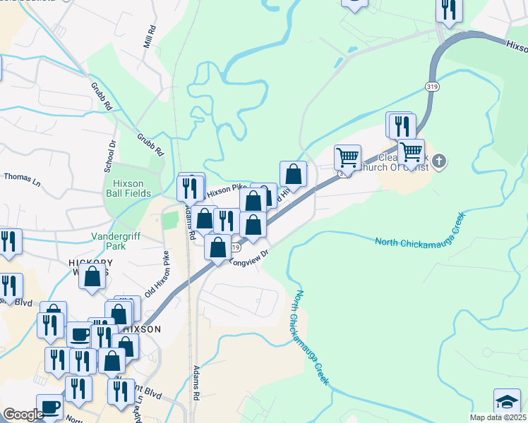 map of restaurants, bars, coffee shops, grocery stores, and more near 5108 Skillern Drive in Chattanooga
