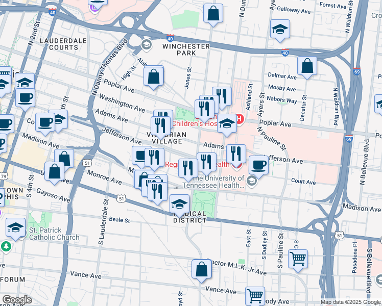 map of restaurants, bars, coffee shops, grocery stores, and more near 756 Jefferson Avenue in Memphis