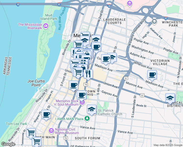map of restaurants, bars, coffee shops, grocery stores, and more near 195 Madison Avenue in Memphis