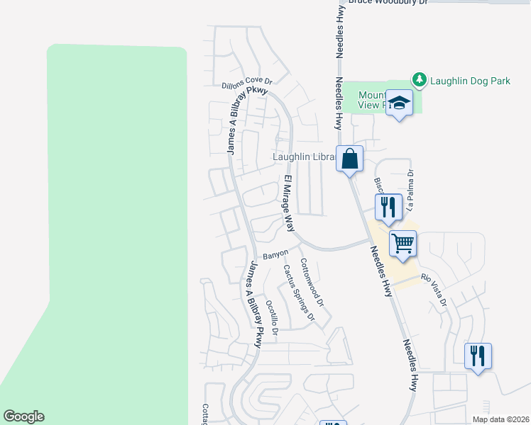 map of restaurants, bars, coffee shops, grocery stores, and more near 2200 Highpointe Drive in Laughlin