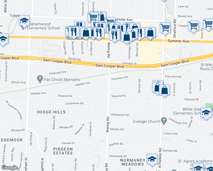 map of restaurants, bars, coffee shops, grocery stores, and more near 431 Waring Road in Memphis