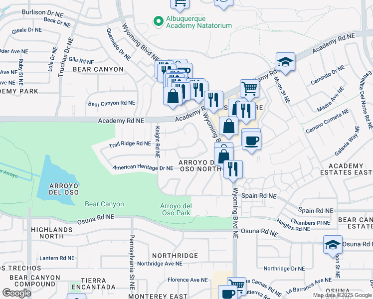 map of restaurants, bars, coffee shops, grocery stores, and more near 7905 Charger Trail Northeast in Albuquerque