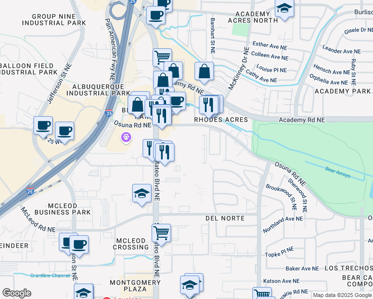 map of restaurants, bars, coffee shops, grocery stores, and more near 5800 Osuna Road Northeast in Albuquerque