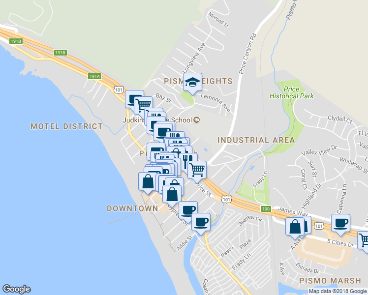 map of restaurants, bars, coffee shops, grocery stores, and more near 745 Bello Street in Pismo Beach