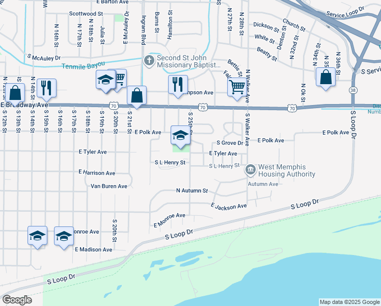 map of restaurants, bars, coffee shops, grocery stores, and more near 2500 East Tyler Avenue in West Memphis