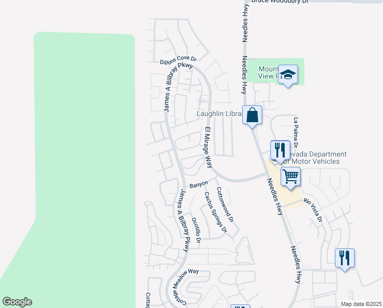 map of restaurants, bars, coffee shops, grocery stores, and more near 2211 Rugged Mesa Drive in Laughlin