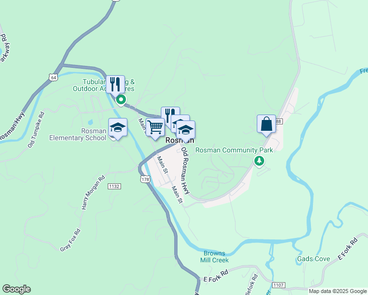 map of restaurants, bars, coffee shops, grocery stores, and more near 2770 Old Rosman Highway in Rosman