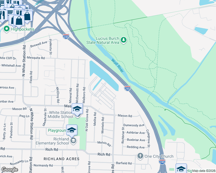 map of restaurants, bars, coffee shops, grocery stores, and more near 380 Fountain Lake Drive in Memphis