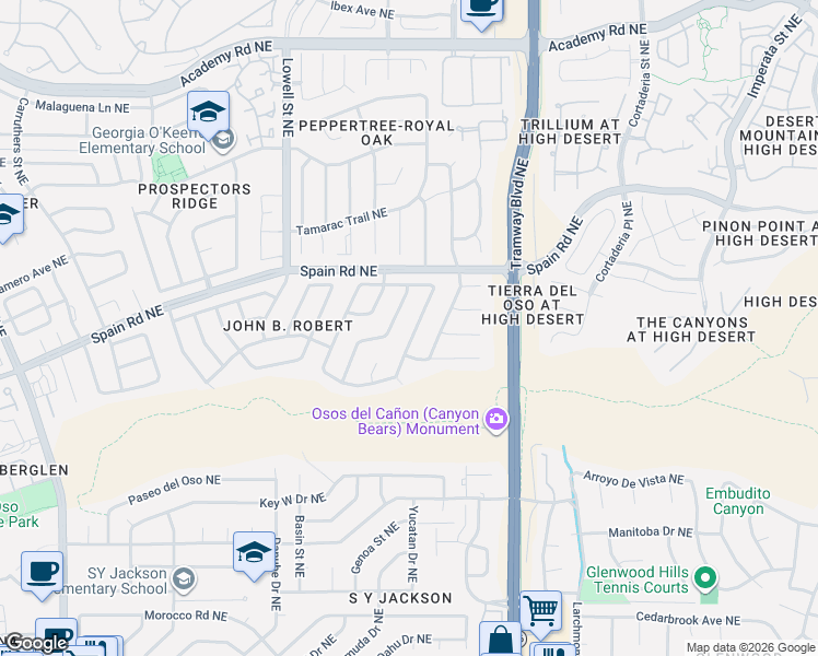 map of restaurants, bars, coffee shops, grocery stores, and more near 5500 Camino Arbustos Northeast in Albuquerque