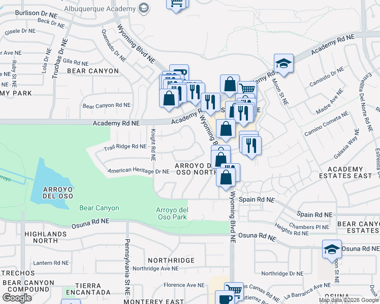 map of restaurants, bars, coffee shops, grocery stores, and more near 7963 Sartan Way Northeast in Albuquerque