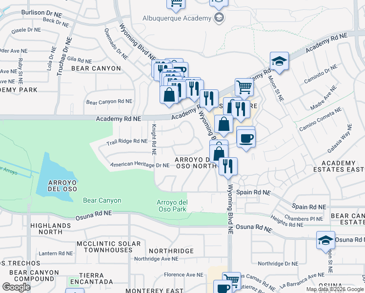 map of restaurants, bars, coffee shops, grocery stores, and more near 7905 Charger Trail Northeast in Albuquerque