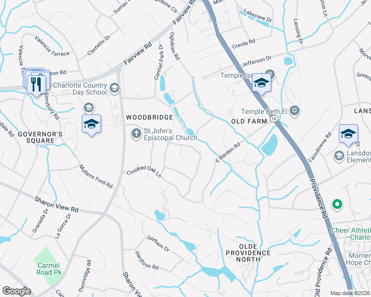 map of restaurants, bars, coffee shops, grocery stores, and more near 1609 Wandering Way Drive in Charlotte