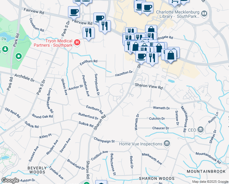 map of restaurants, bars, coffee shops, grocery stores, and more near 5100 Sharon Road in Charlotte