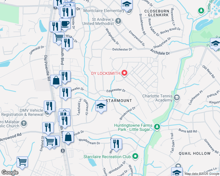 map of restaurants, bars, coffee shops, grocery stores, and more near 1729 Edgewater Drive in Charlotte