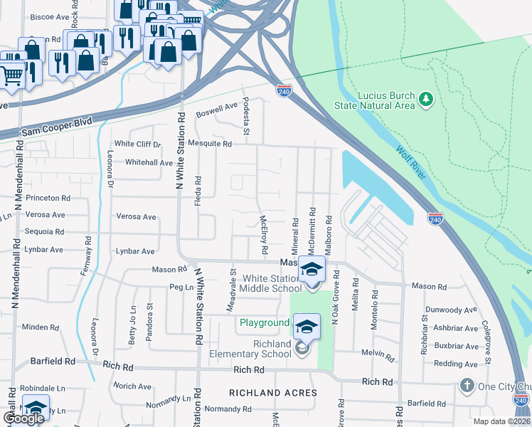 map of restaurants, bars, coffee shops, grocery stores, and more near 5370 East Maxima Cove in Memphis