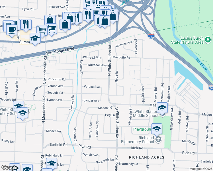 map of restaurants, bars, coffee shops, grocery stores, and more near 443 North White Station Road in Memphis