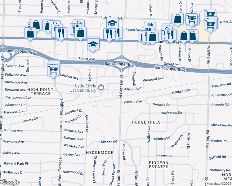 map of restaurants, bars, coffee shops, grocery stores, and more near 428 Allison Cove in Memphis