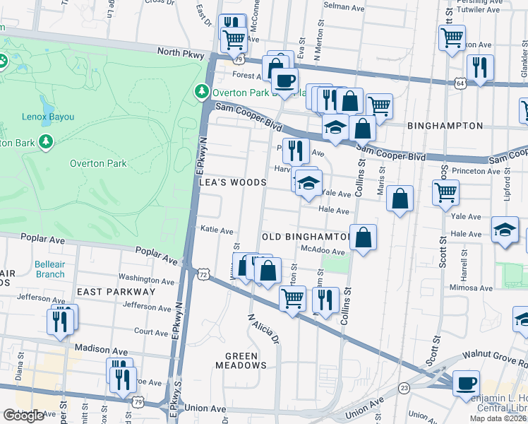 map of restaurants, bars, coffee shops, grocery stores, and more near 2478 Hale Avenue in Memphis