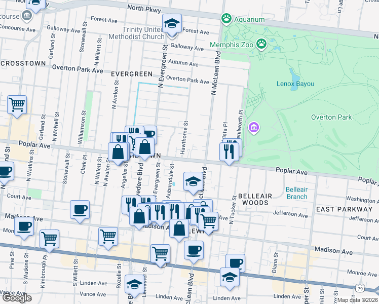 map of restaurants, bars, coffee shops, grocery stores, and more near 1806 Poplar Avenue in Memphis