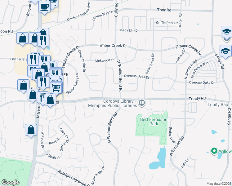 map of restaurants, bars, coffee shops, grocery stores, and more near 8330 Shingle Oaks Cove in Memphis