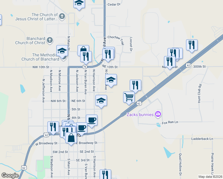 map of restaurants, bars, coffee shops, grocery stores, and more near 610 Northeast 7th Street in Blanchard