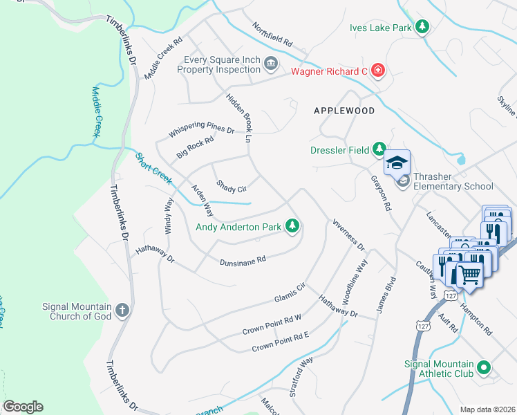 map of restaurants, bars, coffee shops, grocery stores, and more near 926 Arden Way in Signal Mountain