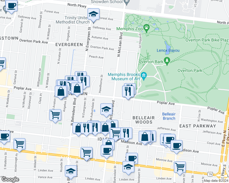 map of restaurants, bars, coffee shops, grocery stores, and more near 210 North McLean Boulevard in Memphis