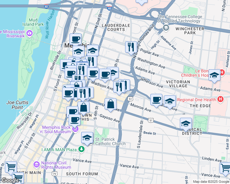map of restaurants, bars, coffee shops, grocery stores, and more near 289 Madison Avenue in Memphis