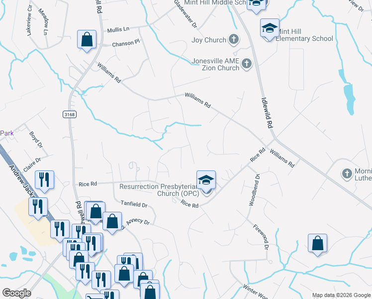 map of restaurants, bars, coffee shops, grocery stores, and more near in Matthews