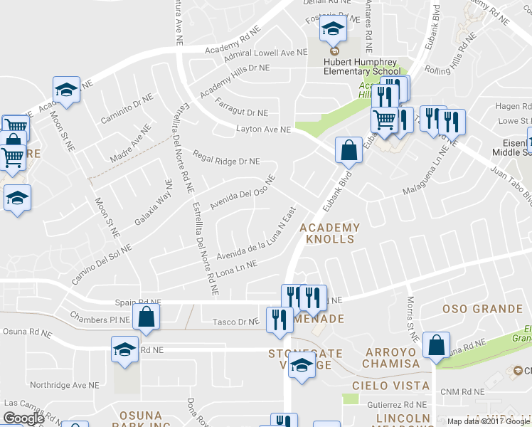 map of restaurants, bars, coffee shops, grocery stores, and more near 9608 Candle Lane Northeast in Albuquerque