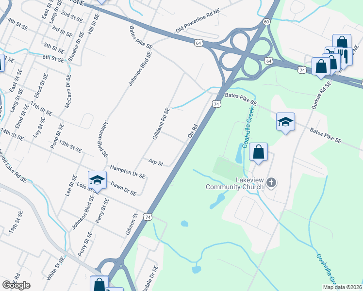 map of restaurants, bars, coffee shops, grocery stores, and more near 653 Appalachian Highway in Cleveland