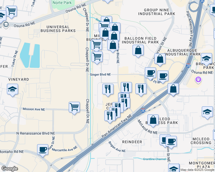 map of restaurants, bars, coffee shops, grocery stores, and more near 3830 Commons Avenue Northeast in Albuquerque