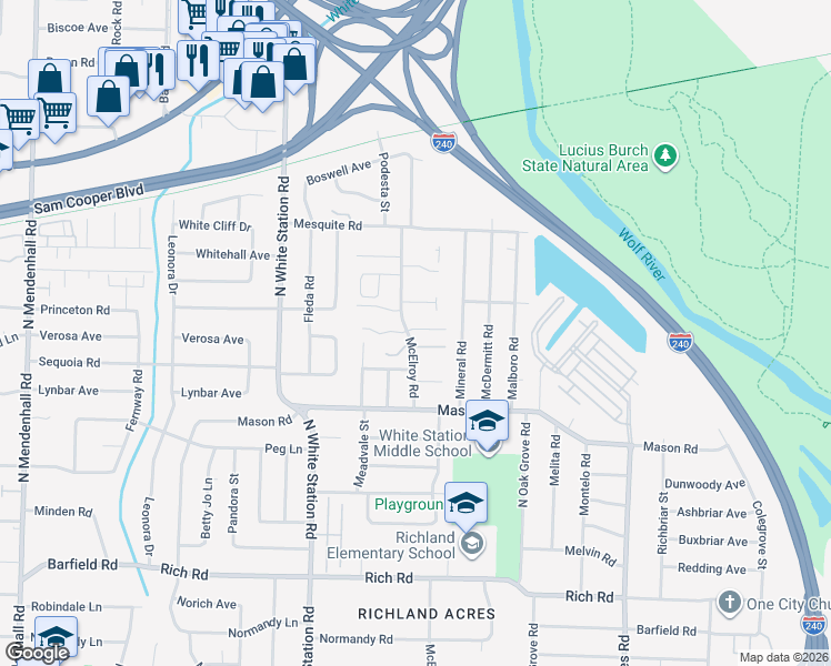 map of restaurants, bars, coffee shops, grocery stores, and more near 5370 East Maxima Cove in Memphis