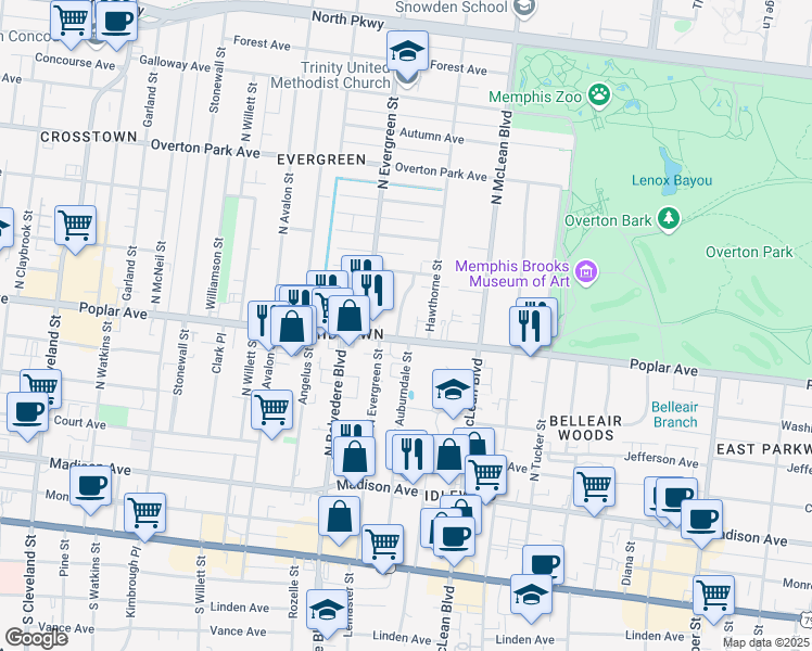 map of restaurants, bars, coffee shops, grocery stores, and more near 207 Hawthorne Street in Memphis