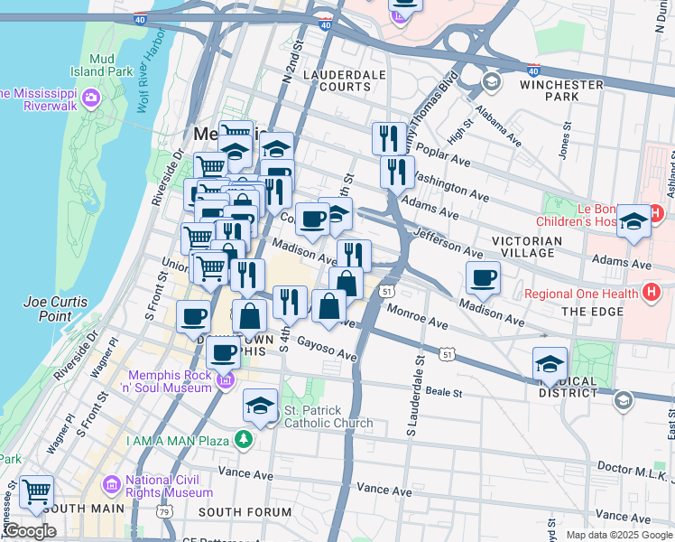 map of restaurants, bars, coffee shops, grocery stores, and more near 289 Madison Avenue in Memphis