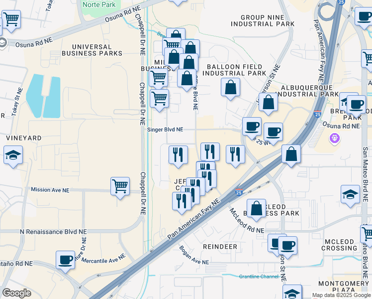 map of restaurants, bars, coffee shops, grocery stores, and more near 3830 Commons Avenue Northeast in Albuquerque